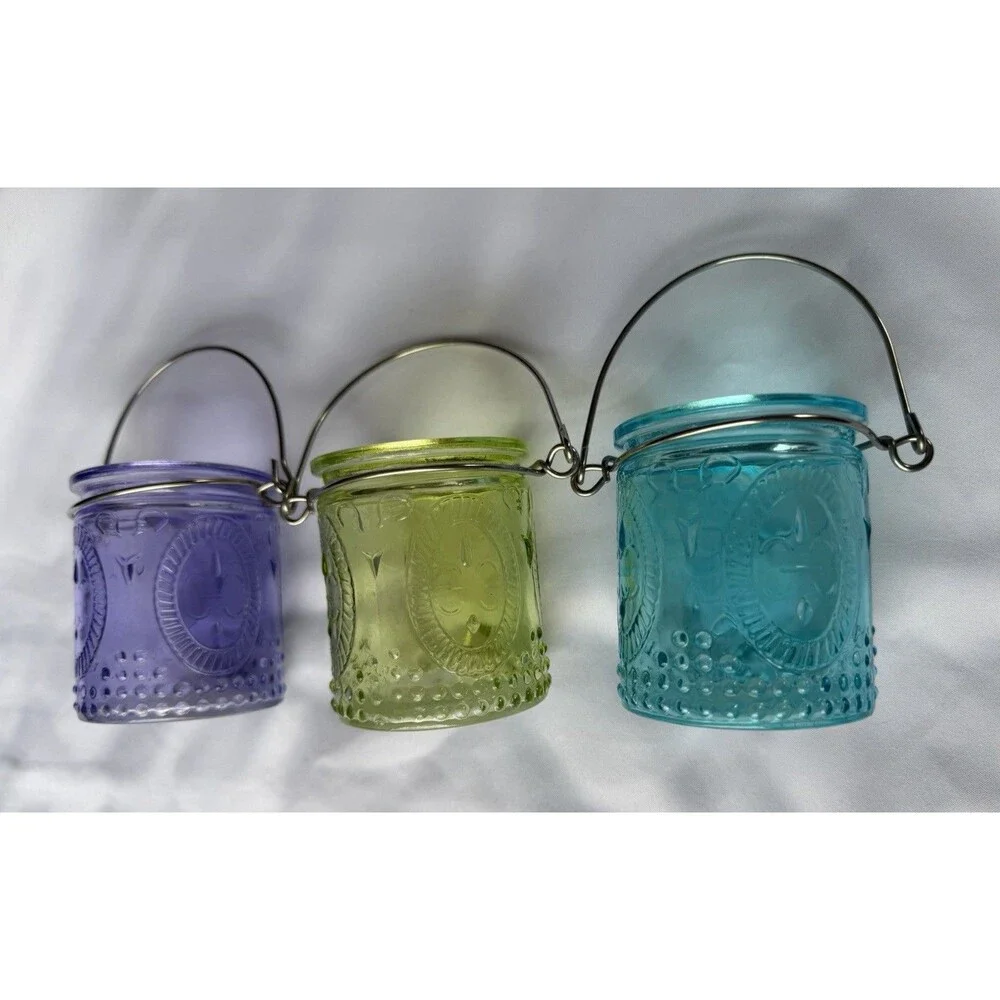 Yankee Candle French Glass 3 Piece Tea light Votive Holders Purple Blue Green